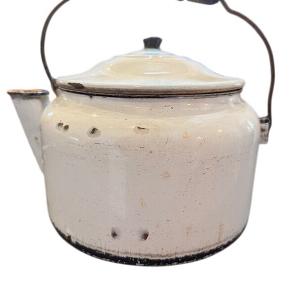 Vintage White Enamel Teapot With Wooden Handle & Lid - Picture 2 of 9